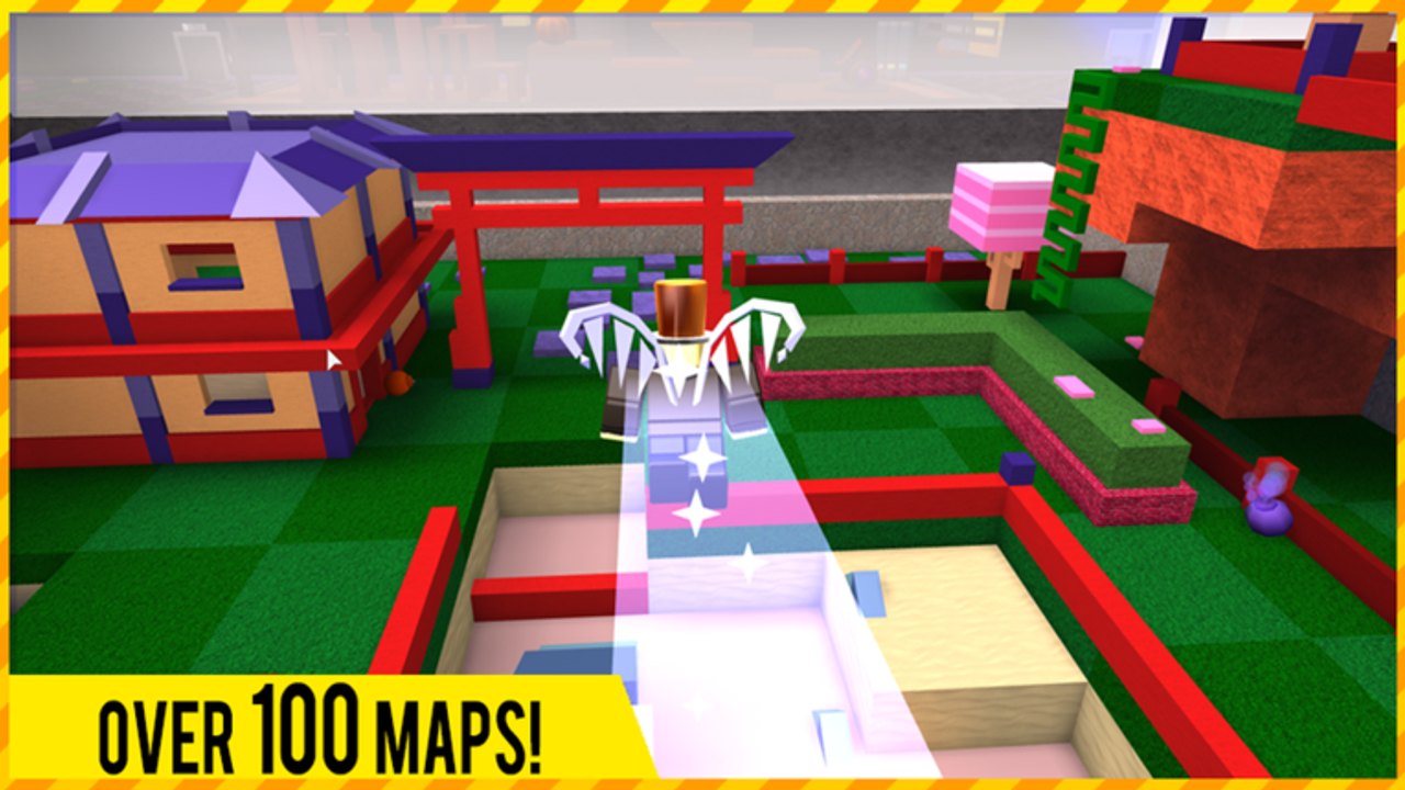 Captura de Super Bomb Survival: avatar con alas cruzando un mapa de estilo japonés