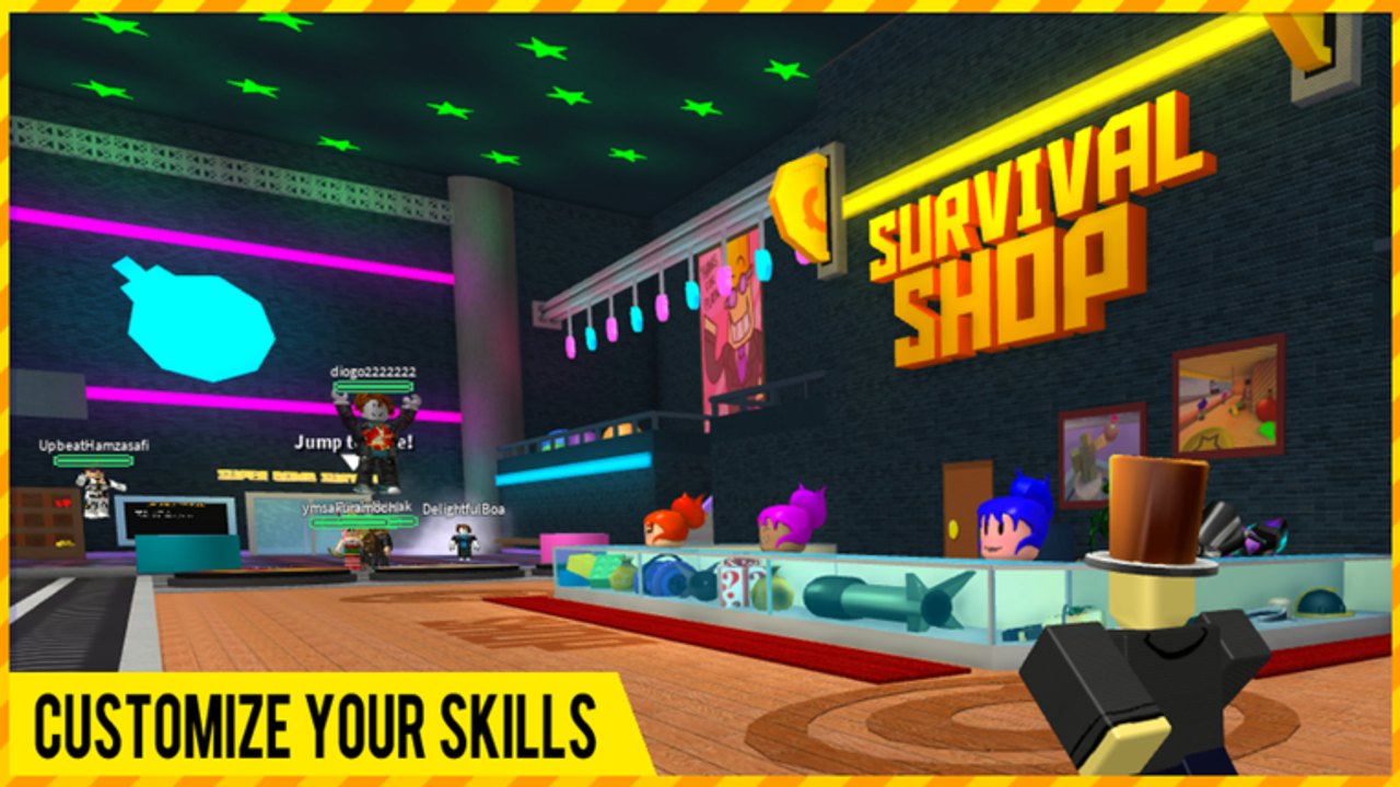 Lobby de Super Bomb Survival: Survival Shop con vitrinas de Skills y nametags